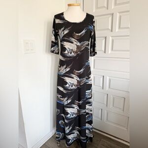 NWT Attitudes by Renee Black Blue Maxi Dress Half Sleeves Scoop Neck Size Small
